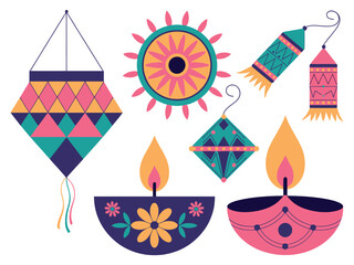 A collection of decorative lanterns and diyas for a festive occasion.