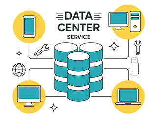 A data center service is depicted with a central stack of servers connected to various devices.