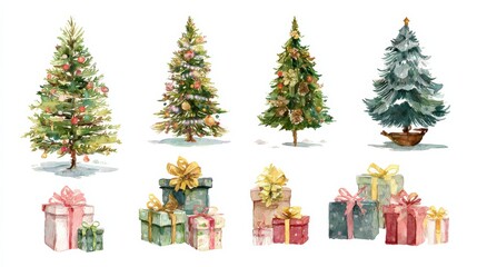 watercolor christmas tree collection with gifts for holiday season celebrations and festive decor illustration pack