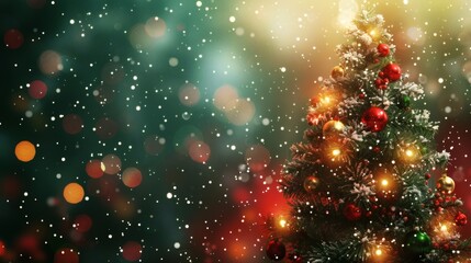 Sparkling festive Christmas tree adorned with glowing lights and red ornaments amidst falling snow and bokeh blur, creating a magical holiday atmosphere.