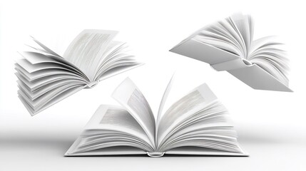 Fototapeta premium Three Open Books Floating in White Space, Symbolizing Knowledge, Learning, and Imagination in a Minimalist Style