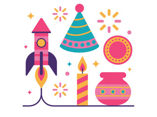 A collection of festive items including a rocket, party hat, candle, and pot on a white background.