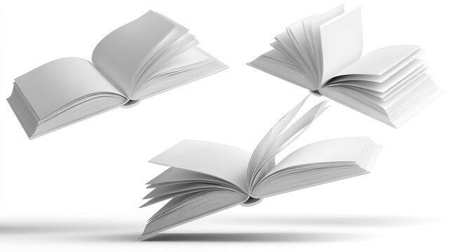 Three Open Books Floating in the Air, Representing Knowledge, Education, and Inspiration, Isolated on a White Background