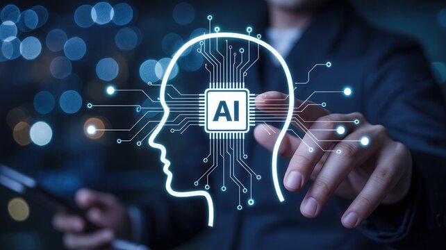 Sophisticated AI Technology Concept with Glowing Human Head Silhouette and Microchip, Perfect for Innovation and Future Tech Marketing