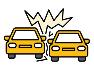 Two yellow cars collide in a traffic accident with a graphical representation of impact.
