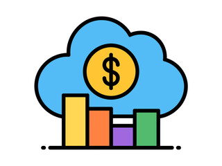 A cloud with a dollar sign and a bar graph represents financial data.