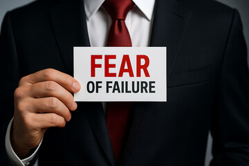 Fear of failure message held by businessman in dark suit, powerful motivational concept symbolizing anxiety pressure self doubt hesitation career challenges and personal growth mindset, corporate insp