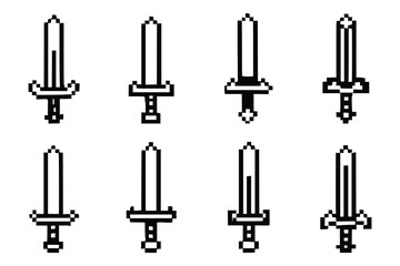 Pixel Sword Icon Set – Minimalist RPG Blades, Retro Weapon Designs & 8-Bit Armory in Black and White