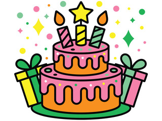 A festive two-tiered birthday cake with candles and gift boxes is depicted with colorful decorations.