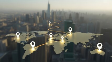 Global business expansion with worldwide locations on map against modern cityscape, showing international reach and connection for corporate growth