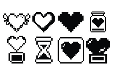 Pixel Heart Icon Pack – Retro Love Symbols, Trophy Hearts & 8-Bit Emotion Designs in Black on White