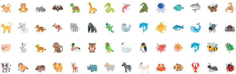 Giant Vector Collection of Cute Cartoon Animal Emojis and Full Body Icons. Flat Design Wildlife for Kids, Apps, and Educational Content.