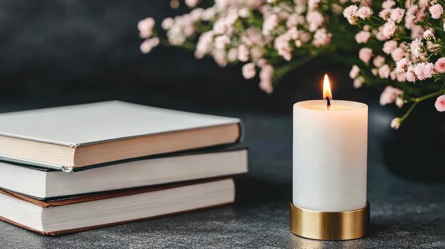 A warm setup featuring candles, stacked books, and delicate flowers offers a perfect space for quiet moments and enjoyment