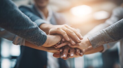United Hands Stacked Together Symbolizing Collaboration, Teamwork, Unity, and Shared Success in a Bright, Supportive Environment