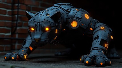 Cybernetic panther, glowing eyes, dark alley