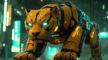 Cybernetic tiger in neon city