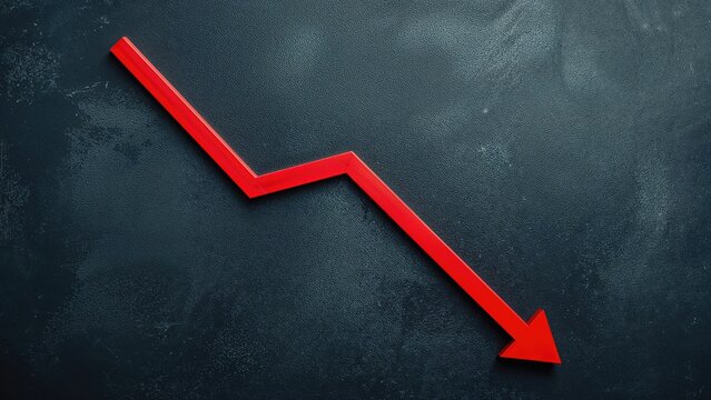 A downward trending red arrow on a dark textured background representing decline or decrease.