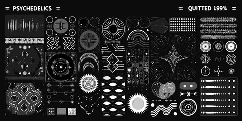 Abstract psychedelic symbols and patterns in black and white with a grunge texture