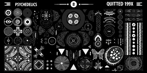Collection of psychedelic and tribal inspired black and white graphic elements and symbols