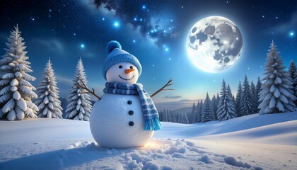 Obraz premium alegre muñeco de nieve con gorro y bufanda azules, sonriendo bajo la luz suave de la luna. Está de pie en una tranquila noche de invierno, rodeado de nieve fresca y árboles cubiertos de escarcha.