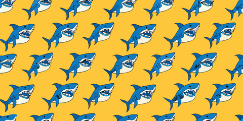 A playful pattern of cartoon sharks with wide open mouths and sharp teeth on a bright yellow background