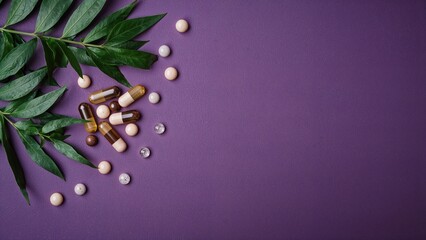 Fototapeta premium Supplements and pills with green leaves on purple background.