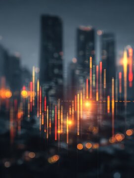 creative glowing big data forex candlestick chart on blurry city background trade technology investment and analysis concept double exposure no logos no brands ar 34