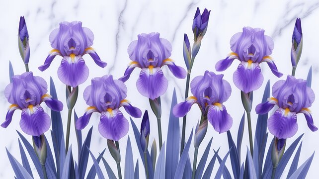 Stunning purple irises in bloom create a vibrant floral display, perfect for adding elegance and beauty to your designs, evoking a feeling of serene beauty