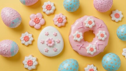 Obraz premium Colorful decorated cookies and eggs on yellow background with flowers and pastel themes.
