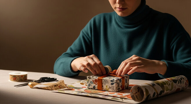 A person meticulously preparing a beautifully wrapped gift, embodying the thoughtful spirit of giving and celebration for a special occasion