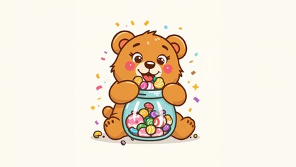 Obraz premium A cute bear holding a jar filled with colorful candies and surrounded by confetti.