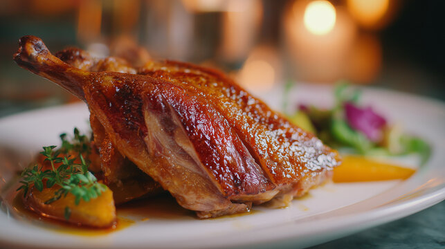 Roasted duck served with orange glaze, herbs, and vegetables on an elegant plate. Ideal for fine dining menus, gourmet cuisine, and upscale restaurant visuals.