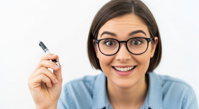 Enthusiastic young woman in stylish glasses holding a pen, expressing a bright and welcoming smile while looking directly at the camera with an engaging demeanor