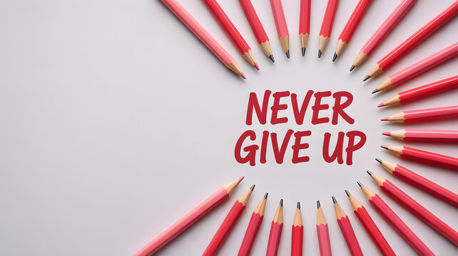 A motivational message surrounded by red pencils on a white background arranged in a circular pattern