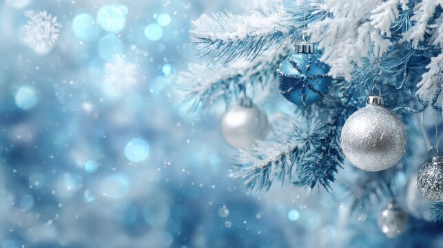 abstract bright blue christmas holiday background with snowflake bokeh light design snowcovered christmas tree branch with frost and silver baubles