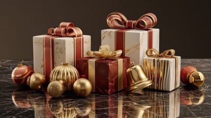 the festive holiday decorations with presents and bells on a surface