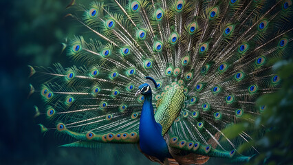 Obraz premium Elegant Peacock Displaying its Vibrant Feathers in a Lush Forest Setting