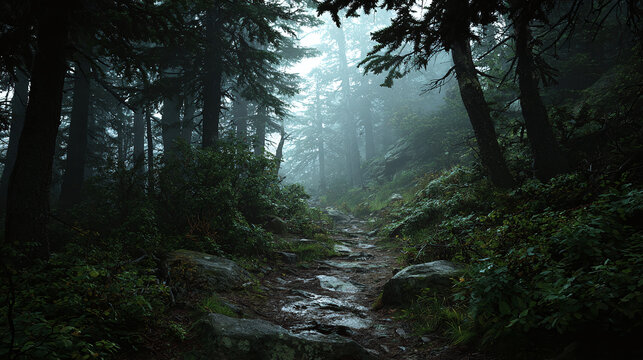 A misty forest path leading into the unknown, creating a sense of mystery and intrigue. The scene features lush greenery and towering trees shrouded in fog