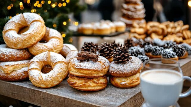 Pastries and warm drinks fill the table, inviting everyone to enjoy a cozy and festive treat in a lively atmosphere