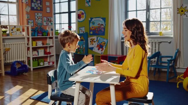 sunlit classroom white teacher guiding boy in engaged art activity at small table, colorful preschool walls with posters, wooden floor and large window light, teacher smiling and encouraging, boy