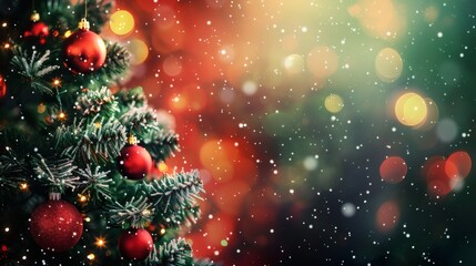 Magical holiday season unfolds with a beautifully decorated Christmas tree, red ornaments, twinkling lights, and gentle falling snow creating a cozy, festive atmosphere.