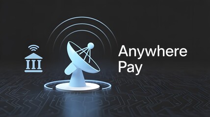 'Anywhere Pay' concept illustration showing a glowing satellite dish transmitting a signal toward a bank building icon, symbolizing global, wireless, and instant financial transactions.