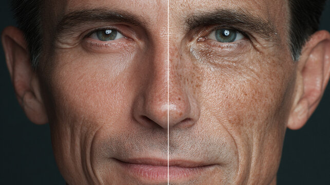 Male Face Split Comparison Portrait Before After Anti Aging Rejuvenation Treatment Men's Aesthetic Medicine Result