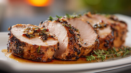 Roasted pork tenderloin sliced into medallions with herbs and rich juices on a plate. Suitable for gourmet menus, festive dining, and high-end food photography.