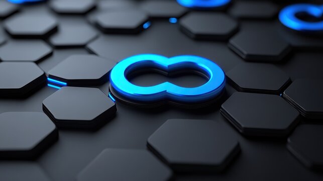 Dark hexagon grid, glowing blue infinity symbol