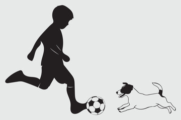 Boy playing soccer with Jack Russell Terrier dog silhouette Art and Illustration
