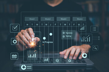 Digital Project Management Dashboard with Data Analytics, Business Planning Interface, and Holographic Task Tracking for Modern Technology Workflow
