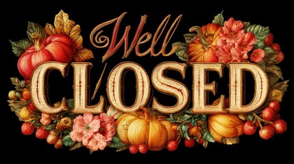 decorative we will be closed for thanksgiving text art with pumpkins and autumn leaves for holiday signage and announcements