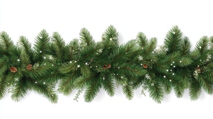 seamless decorative christmas border with coniferous branches and garlands on transparent background cutout