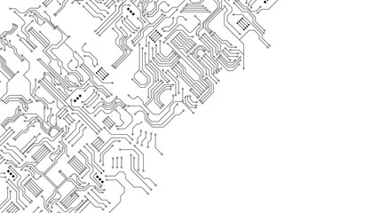 Creative white circuit wallpaper with copy space. Technology and computing concept. Digital technology concept. Top view of electronic motherboard as background. Illustration